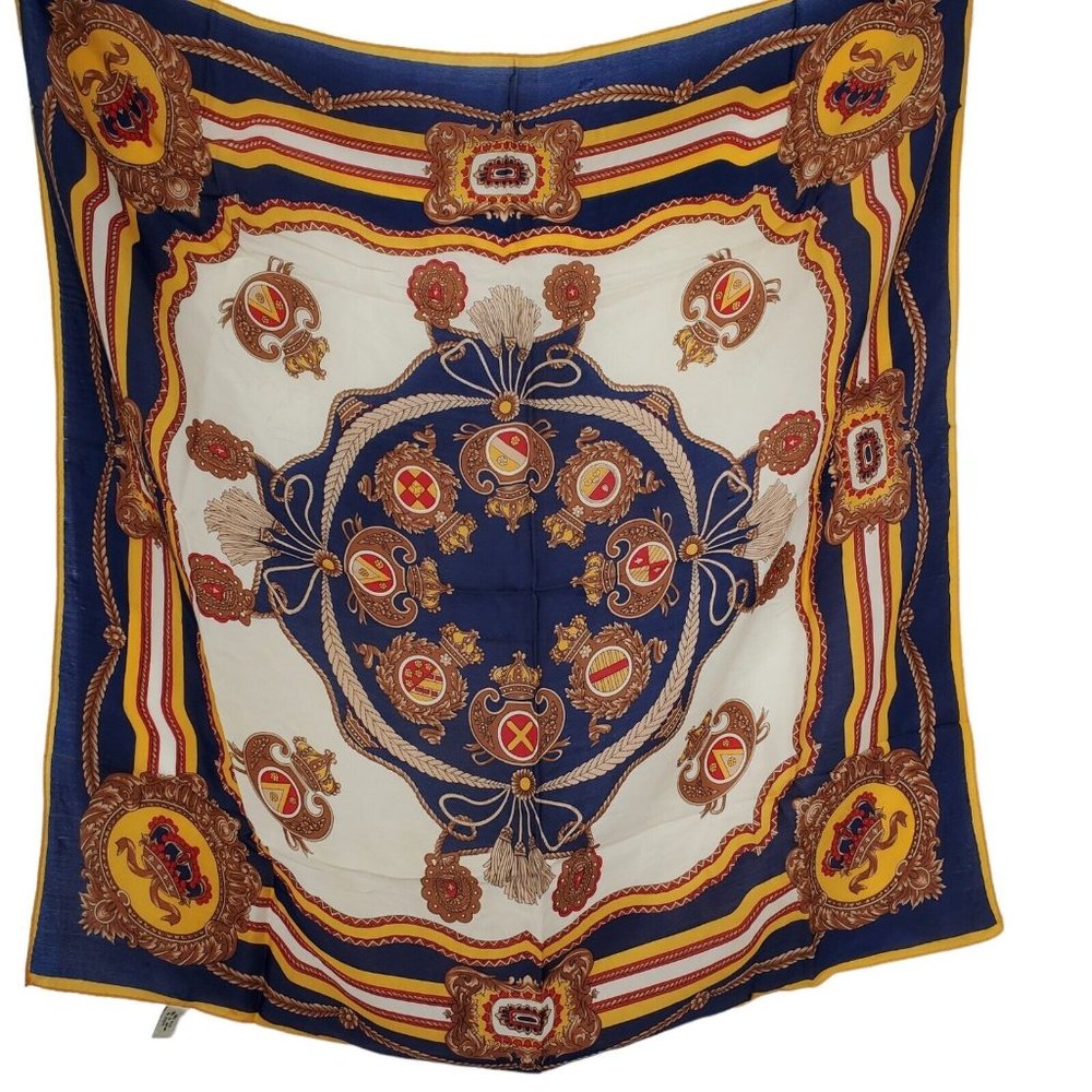 Vintage 70s Silk Scarf Navy Blue Red Multicolor Tassels Medallion Print 27"